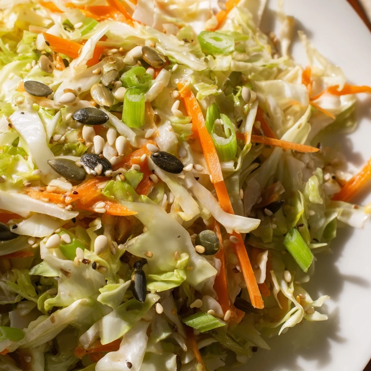 Vibrant Cabbage-Core Slaw Salad, a colorful mix of shredded veggies with crunchy seeds, ready to eat.