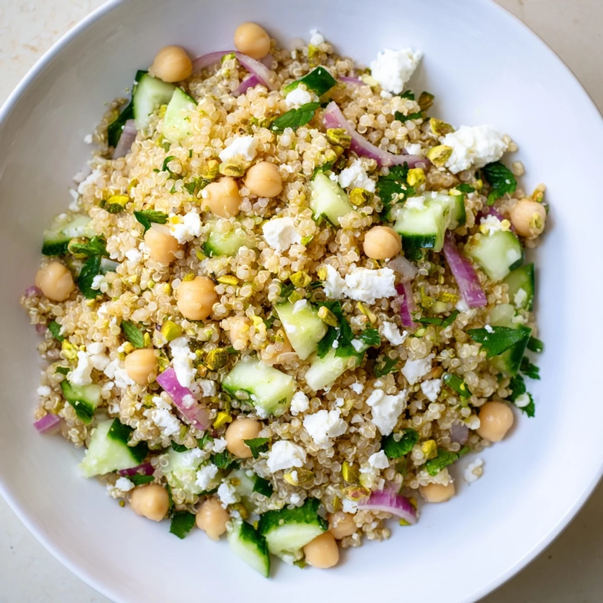Fresh Jennifer Aniston Salad with bright feta crumbles and toasted nuts, ready to serve.