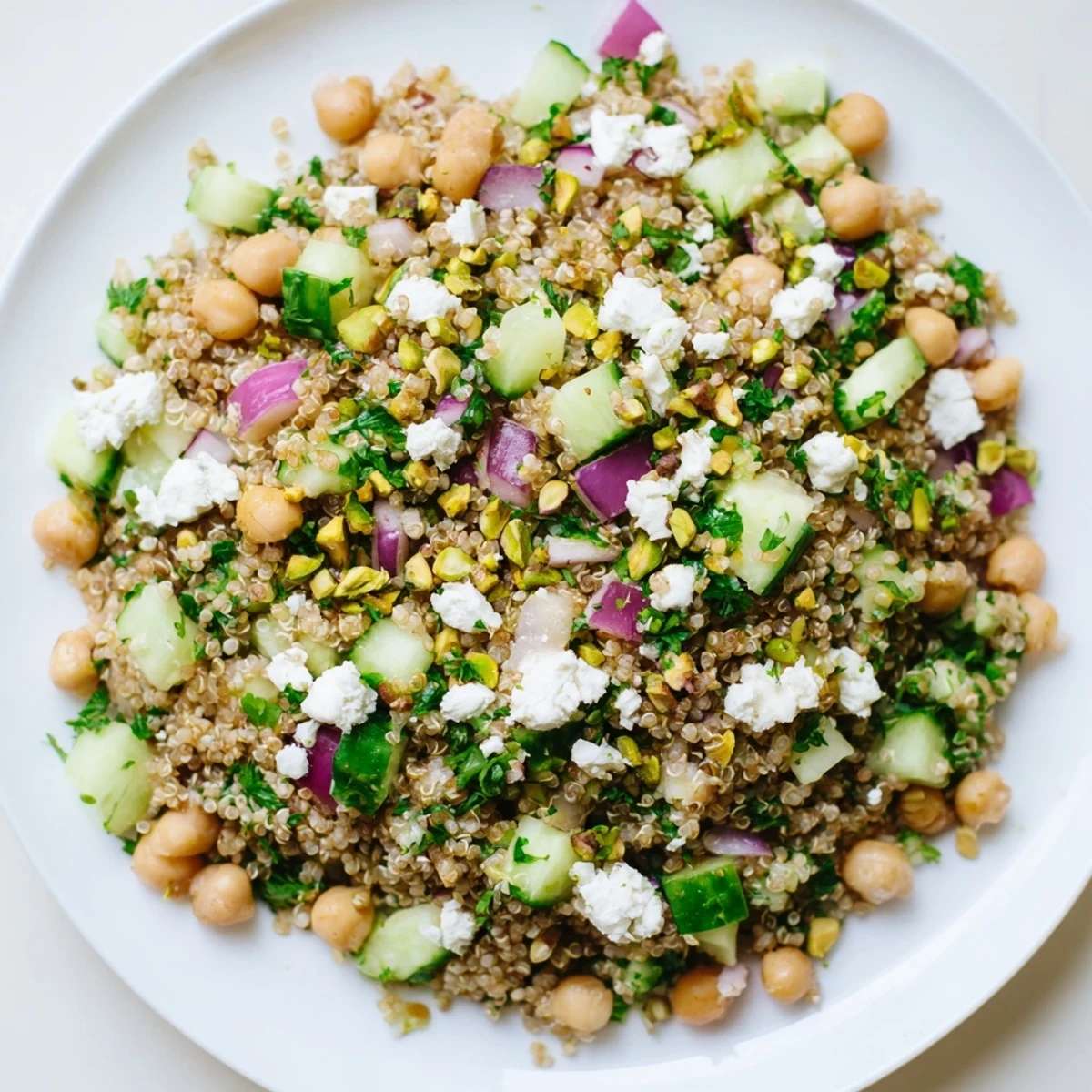 Enjoy a refreshing Jennifer Aniston Salad with plump quinoa, crunchy cucumber, and a vibrant lemon dressing.