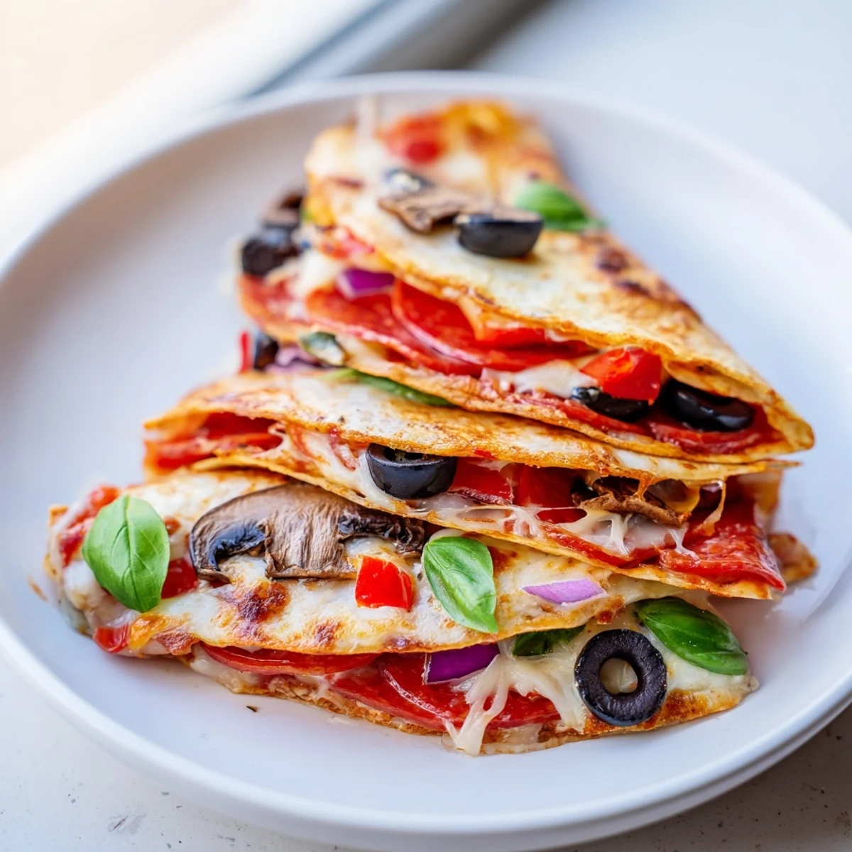 Golden-brown tortilla pizza wrap, filled with melted cheese and pepperoni, ready to enjoy.