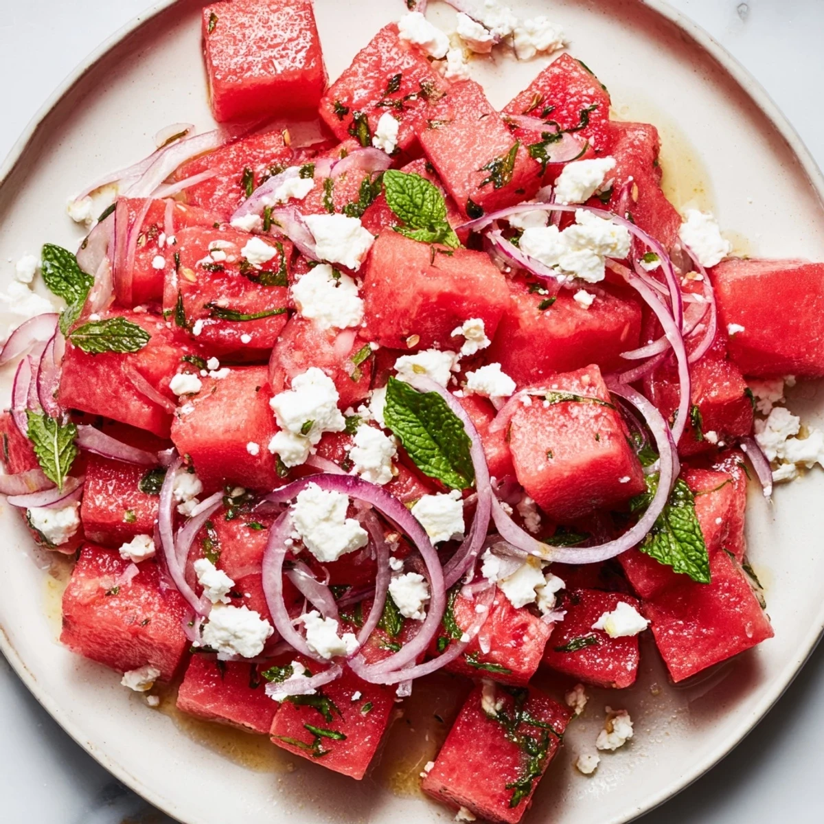 Vibrant watermelon feta salad ready to serve, a refreshing summer vegetarian dish.