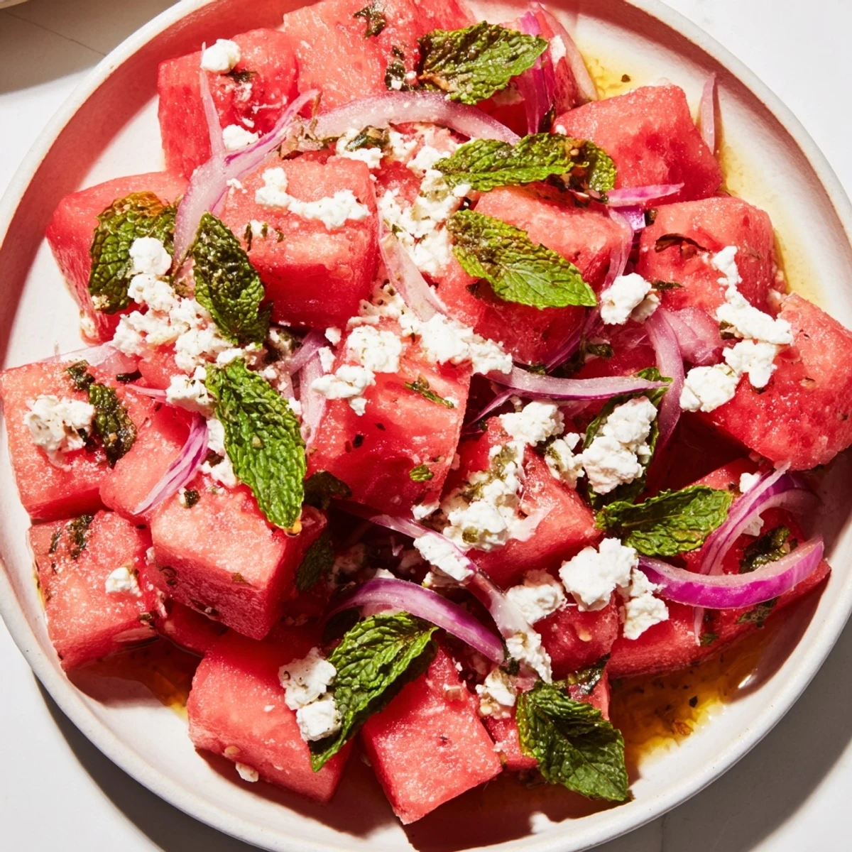 Close-up of a colorful watermelon feta salad, showcasing feta and red onion in a bowl.