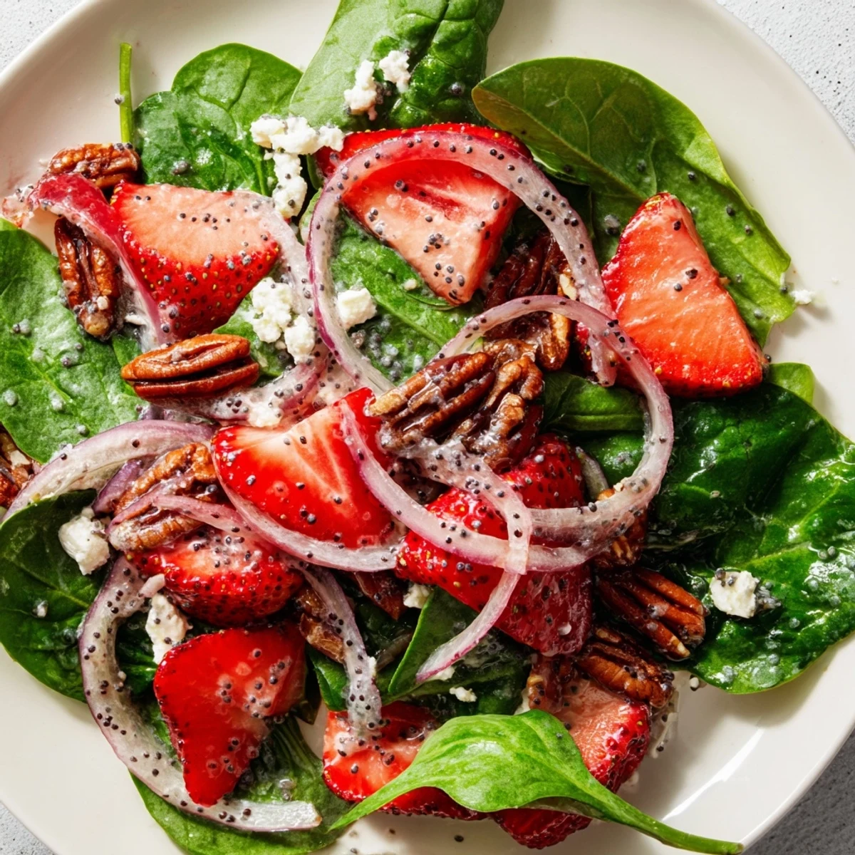 Fresh strawberry spinach salad loaded with juicy red berries and crunchy candied pecans.