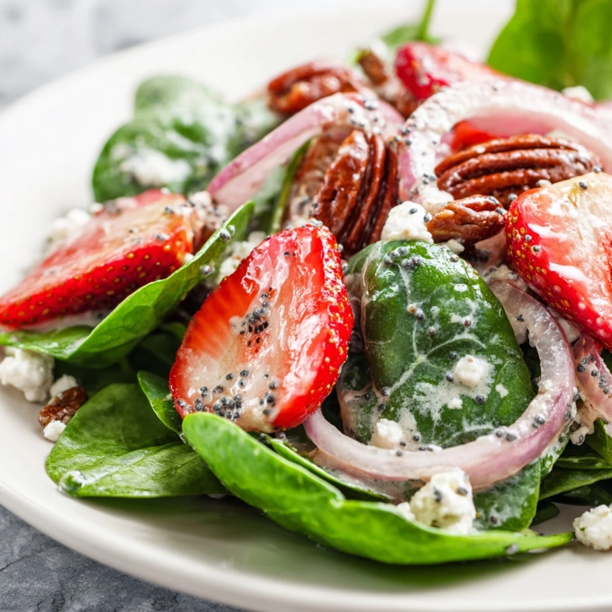 A close-up view of a delicious strawberry spinach salad with poppy seed dressing.