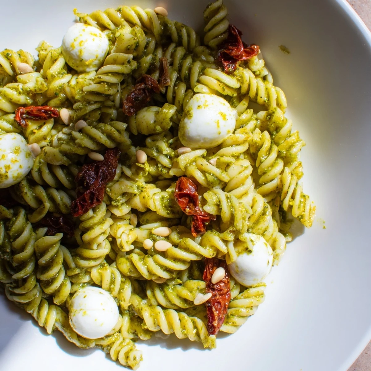 A light and flavorful pesto pasta salad, ready to eat, with bright greens and flavorful textures.