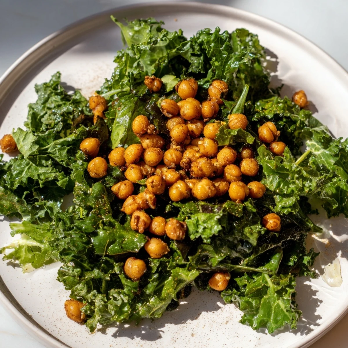 A close-up of warm kale salad with crispy chickpeas, a healthy and colorful lunch option.