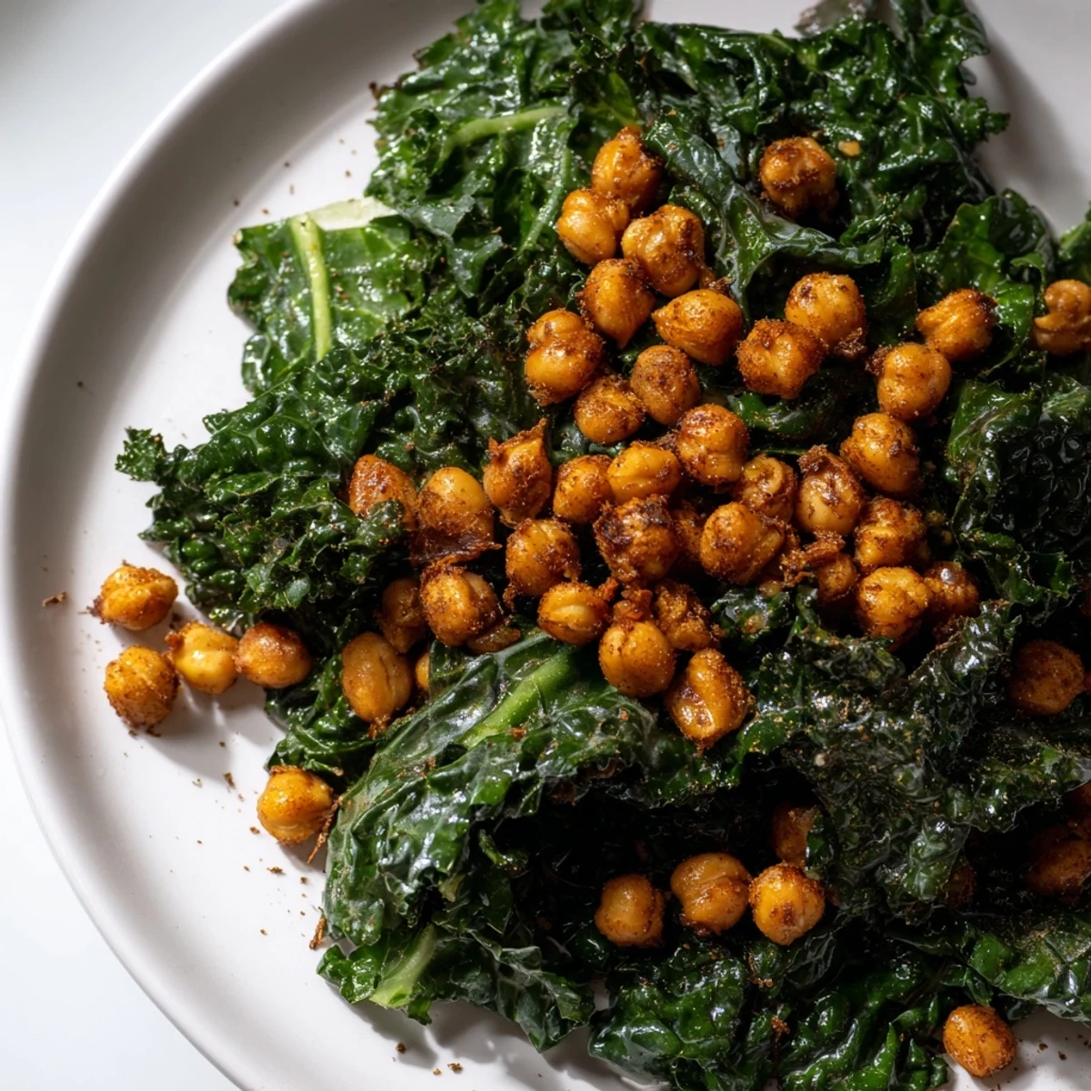 Golden-brown crispy chickpeas top a vibrant bed of warm kale salad, served with tangy lemon dressing.