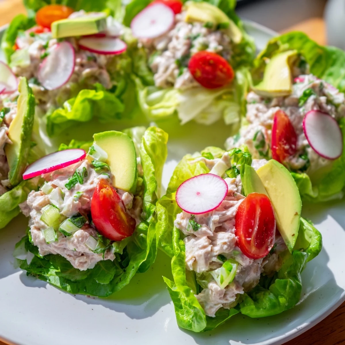 A vibrant photo shows creamy tuna salad lettuce wraps, ready for a healthy, delicious meal.