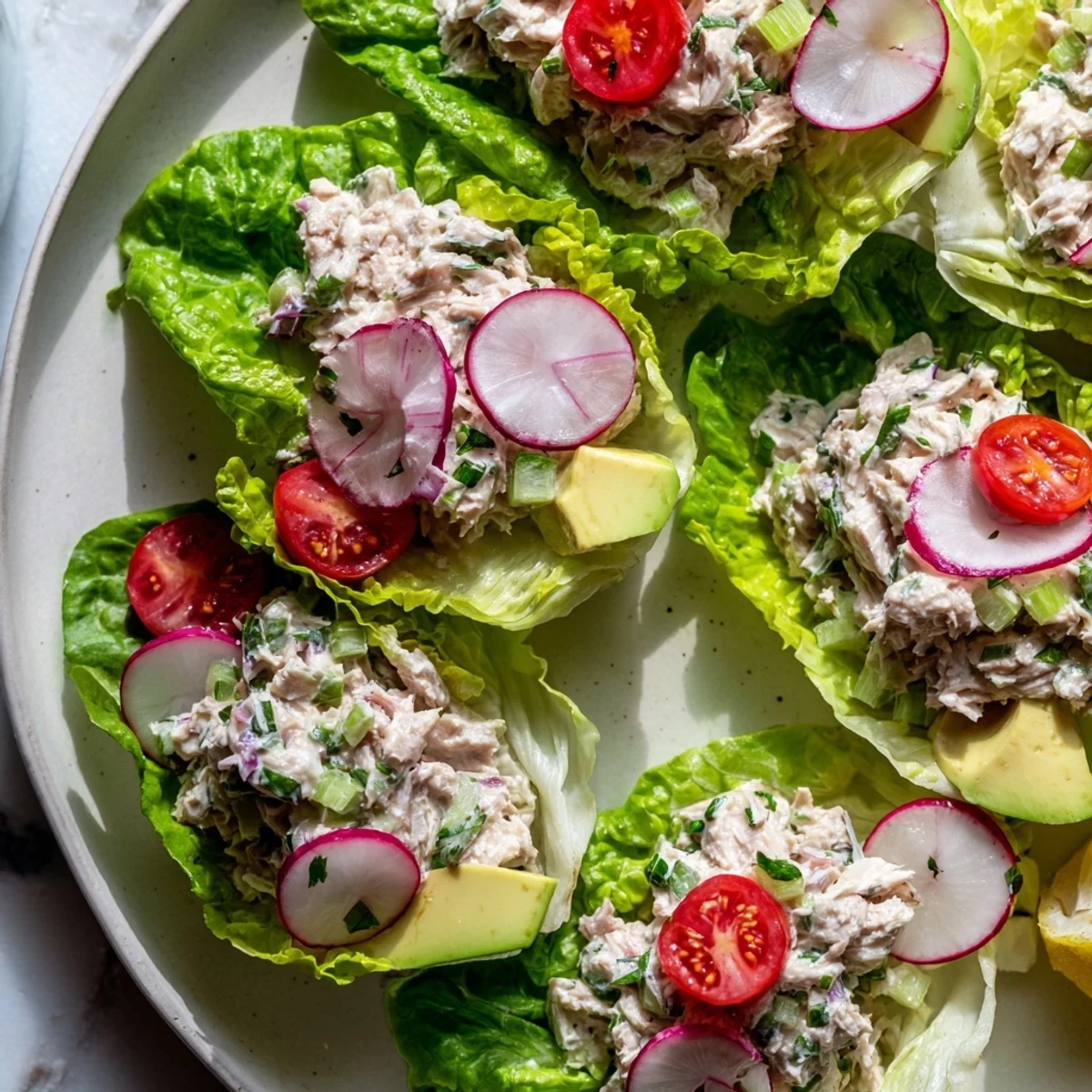 Enjoy fresh, flavorful tuna salad lettuce wraps, featuring juicy tomatoes and avocado slices.