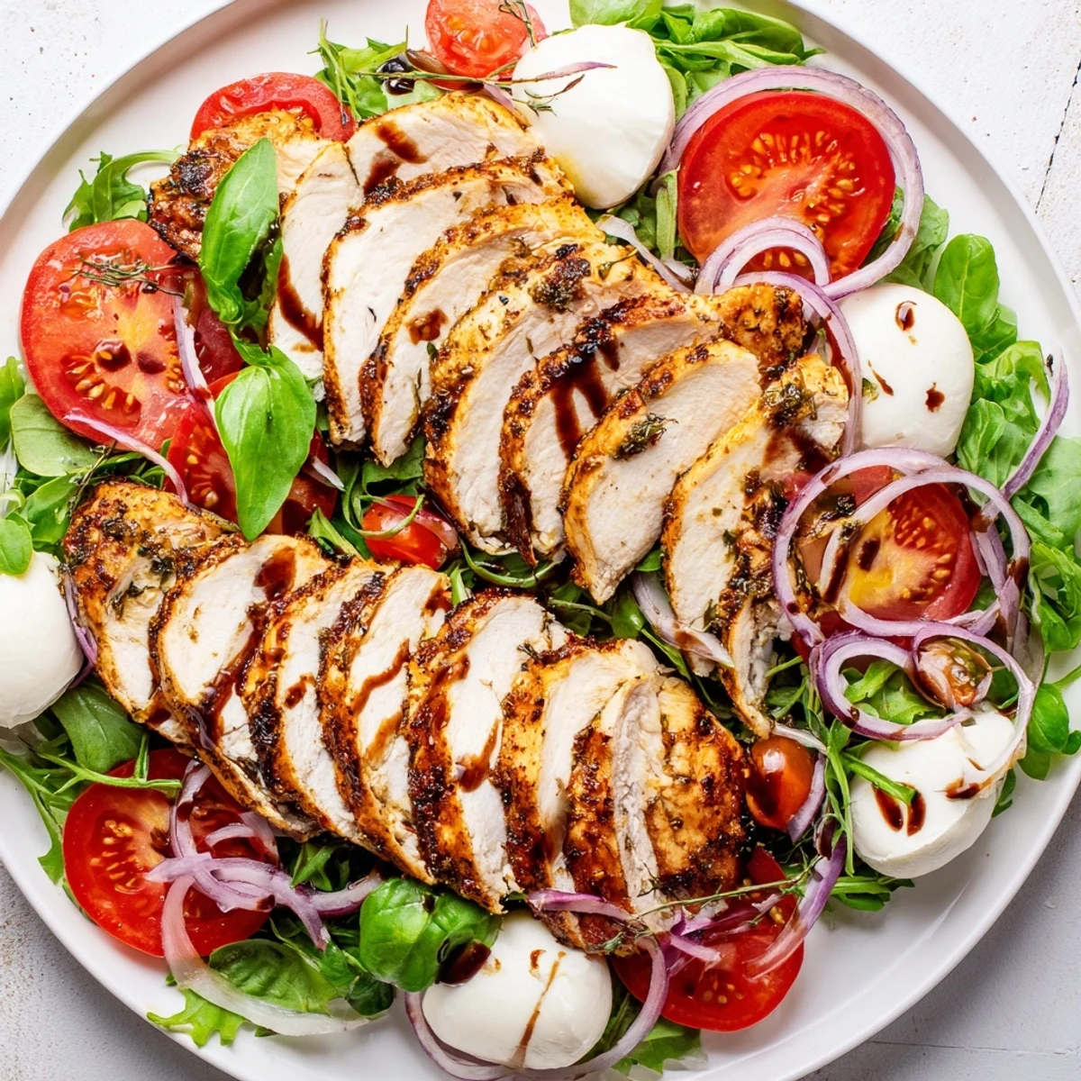 Grilled Caprese Chicken Salad with juicy chicken, ripe tomatoes, and fresh mozzarella is ready.