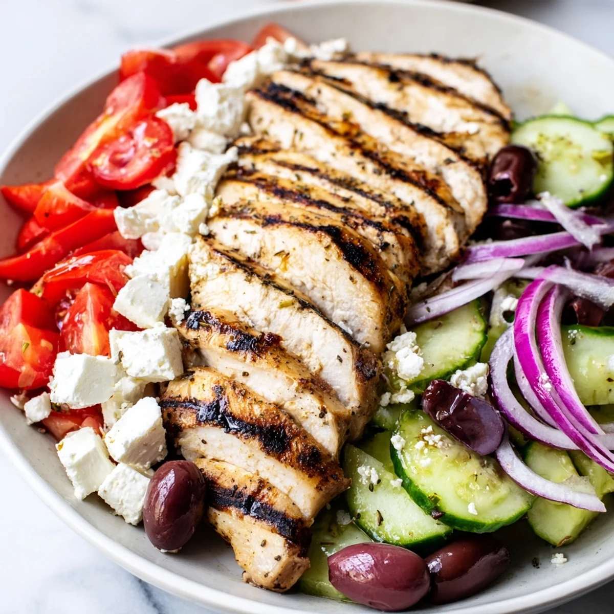 Fresh Greek salad with grilled chicken: colorful tomatoes, feta, and a flavorful dressing.