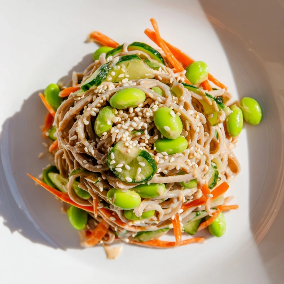 A vibrant bowl of Asian Sesame Noodle Salad, a flavorful cold dish with fresh vegetables.