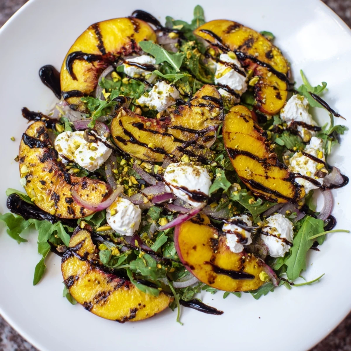 Grilled peach salad featuring juicy grilled peaches, peppery arugula, and creamy burrata cheese.