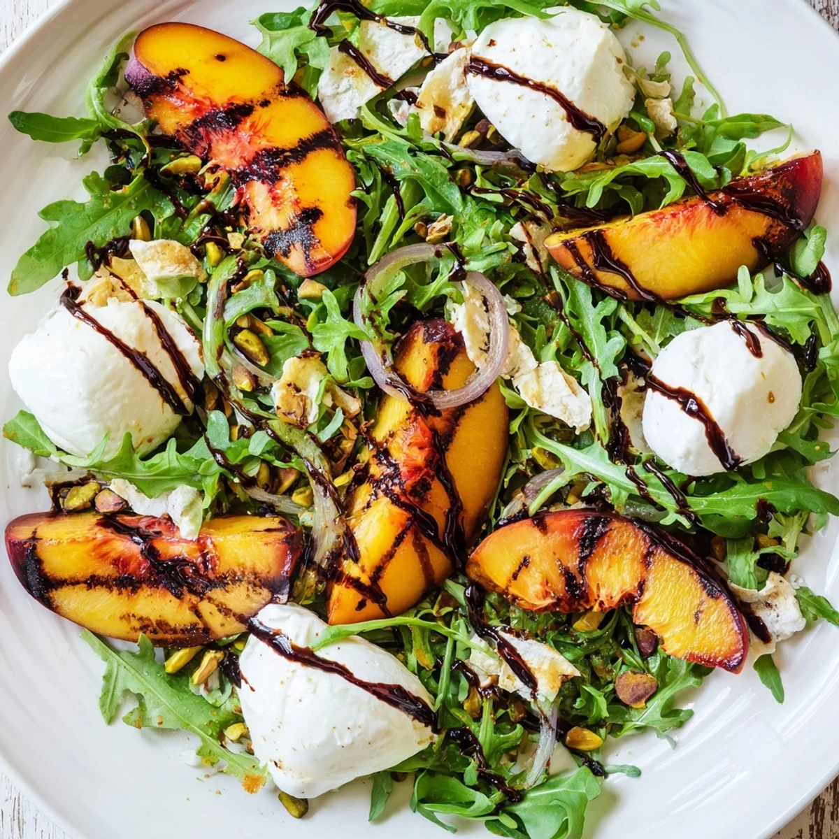 A close-up of a refreshing grilled peach salad with toasted nuts ready to enjoy.