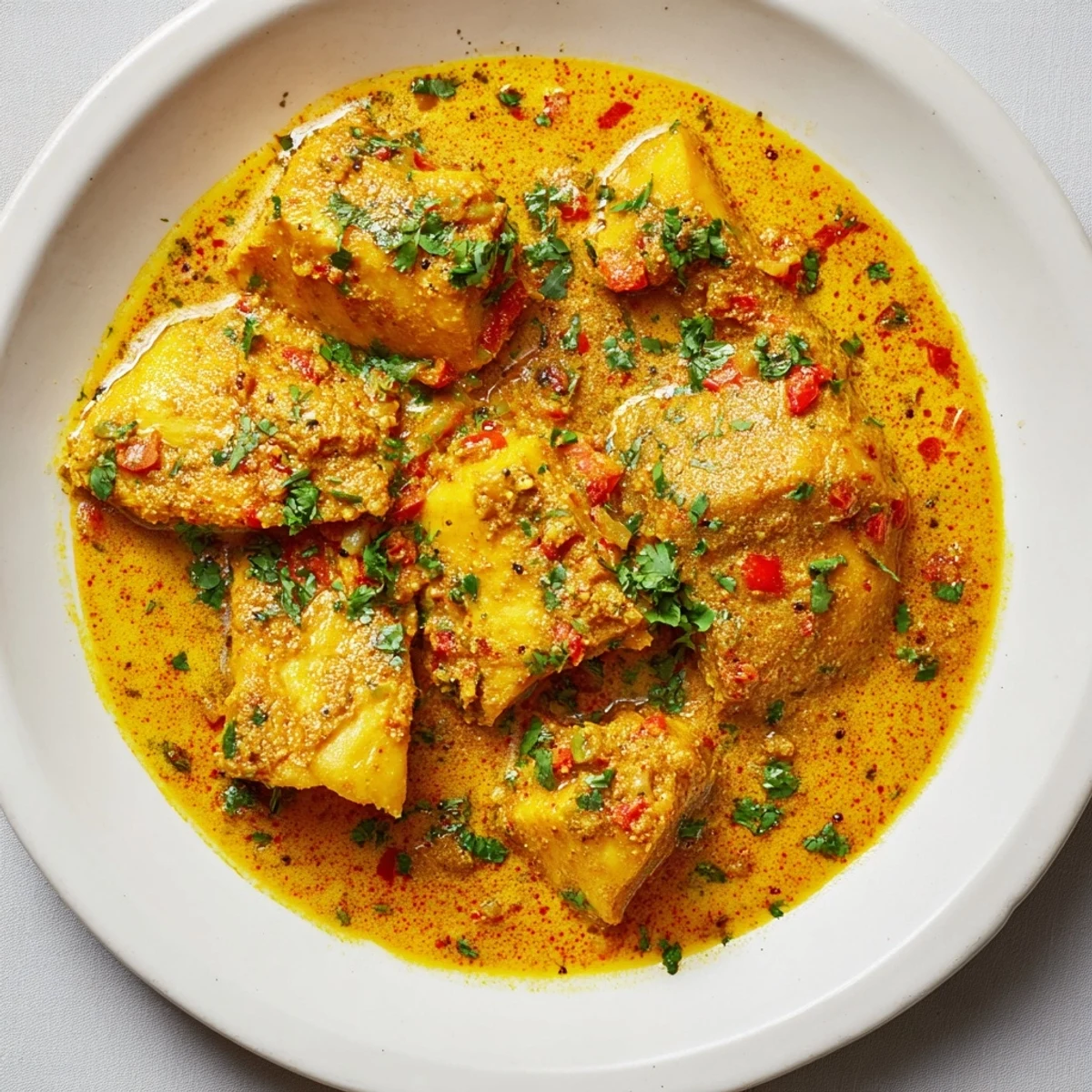 Golden chunks of fish swimming in a flavorful, creamy Bahraini Fish Curry, garnished with fresh cilantro.