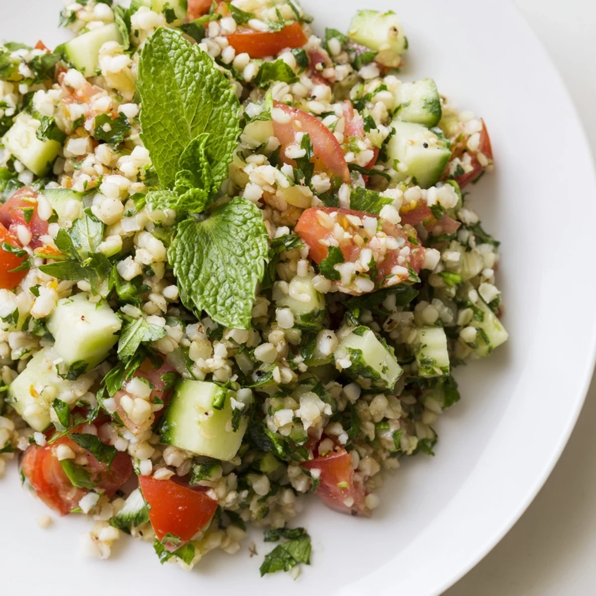 This colorful bowl of Lebanese Tabbouleh Salad features vibrant tomatoes and a zesty lemon dressing.