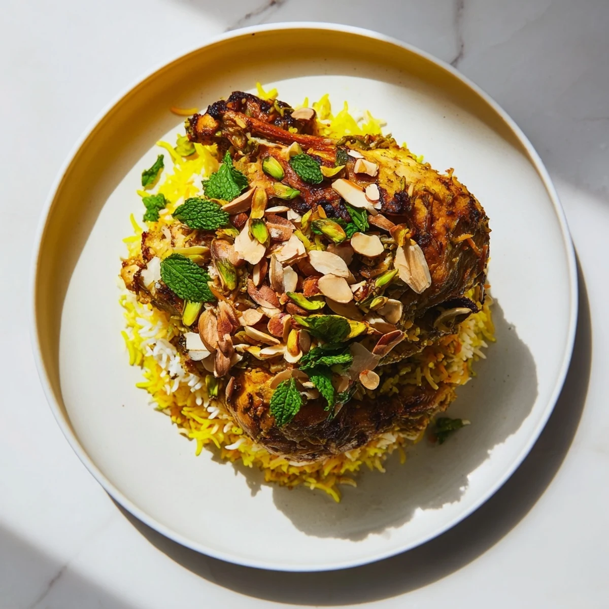 Steaming hot Kuwaiti Biryani rice, a golden layered feast with tender meat and fragrant spices.