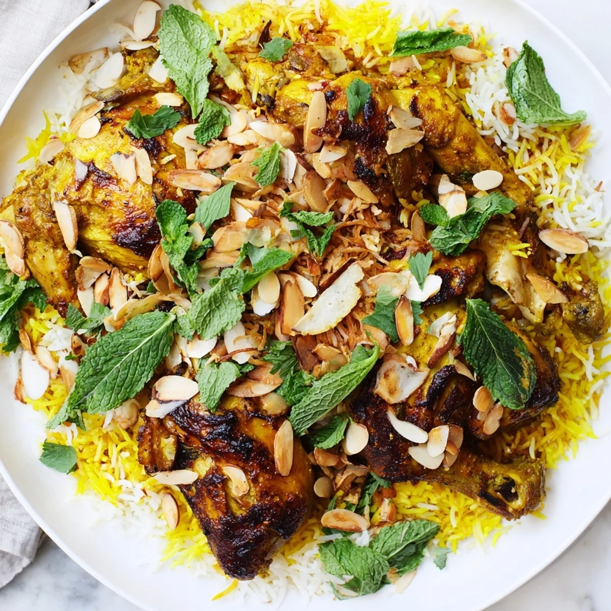 Fluffy, saffron-infused basmati rice beautifully tops a flavorful Kuwaiti Biryani, perfect for a special dinner.