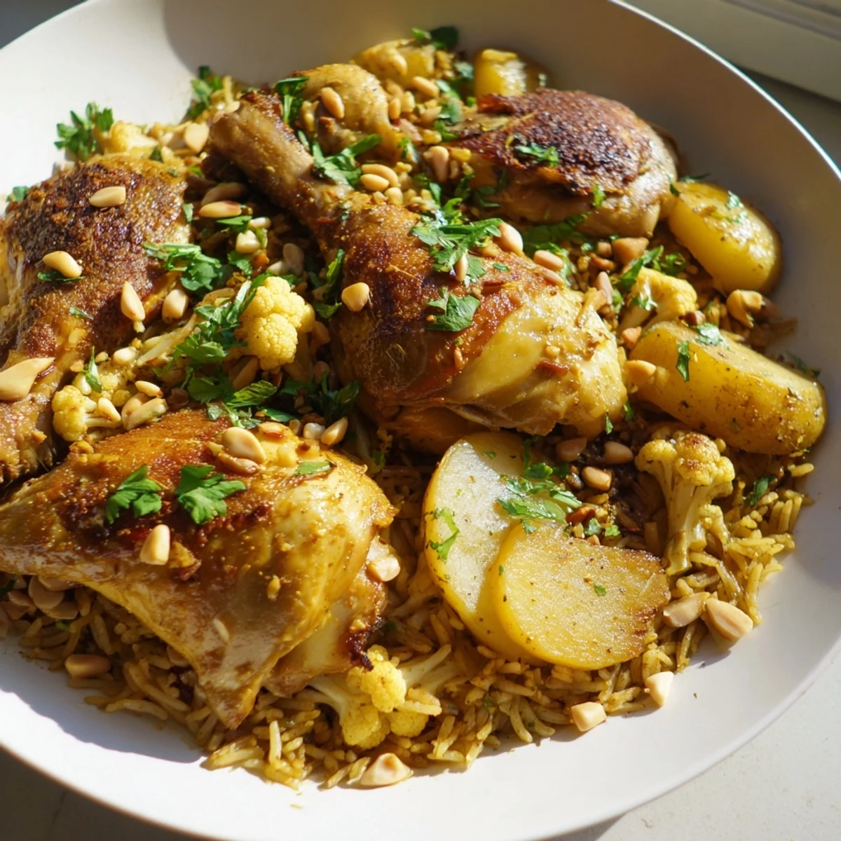 Golden-brown chicken and vegetables star in this flavorful Palestinian Maklouba, ready to be served.