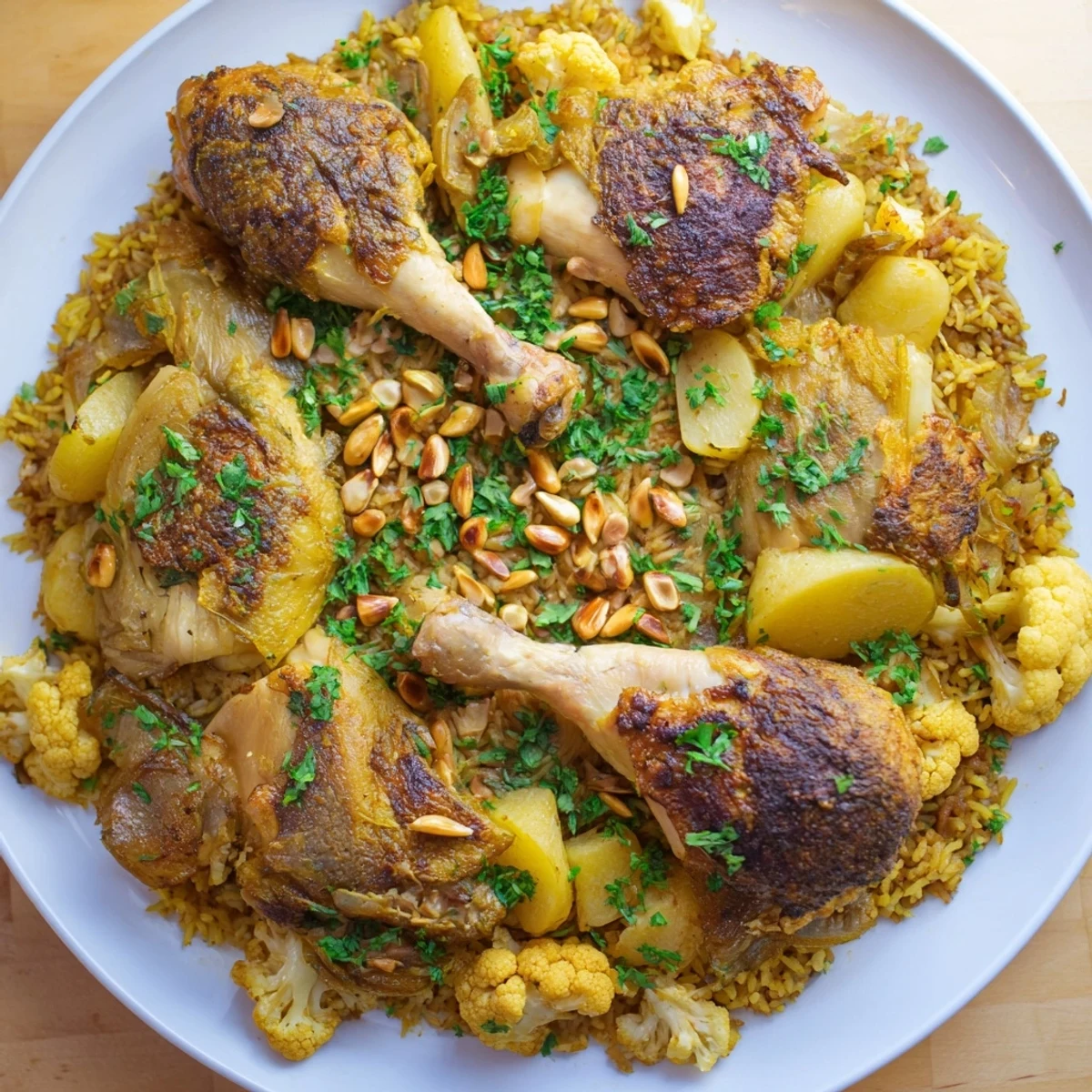 The inverted Palestinian Maklouba reveals layers of spiced rice, vegetables, and chicken ready to enjoy.