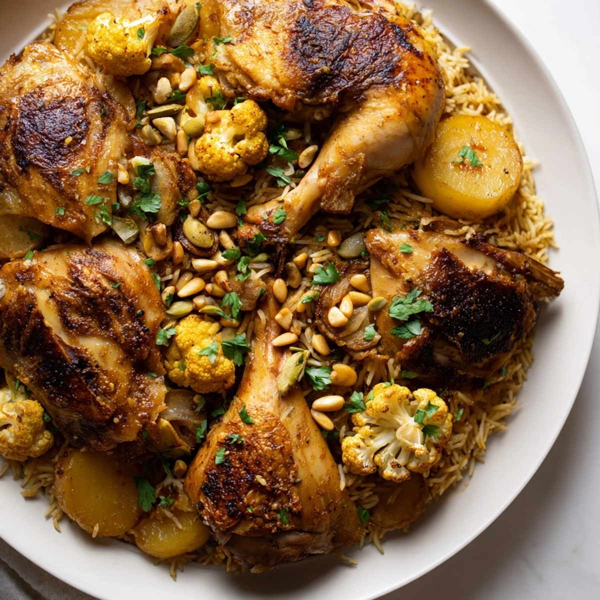 Steaming basmati rice and tender chicken layers create a comforting Palestinian Maklouba, flipped dramatically.