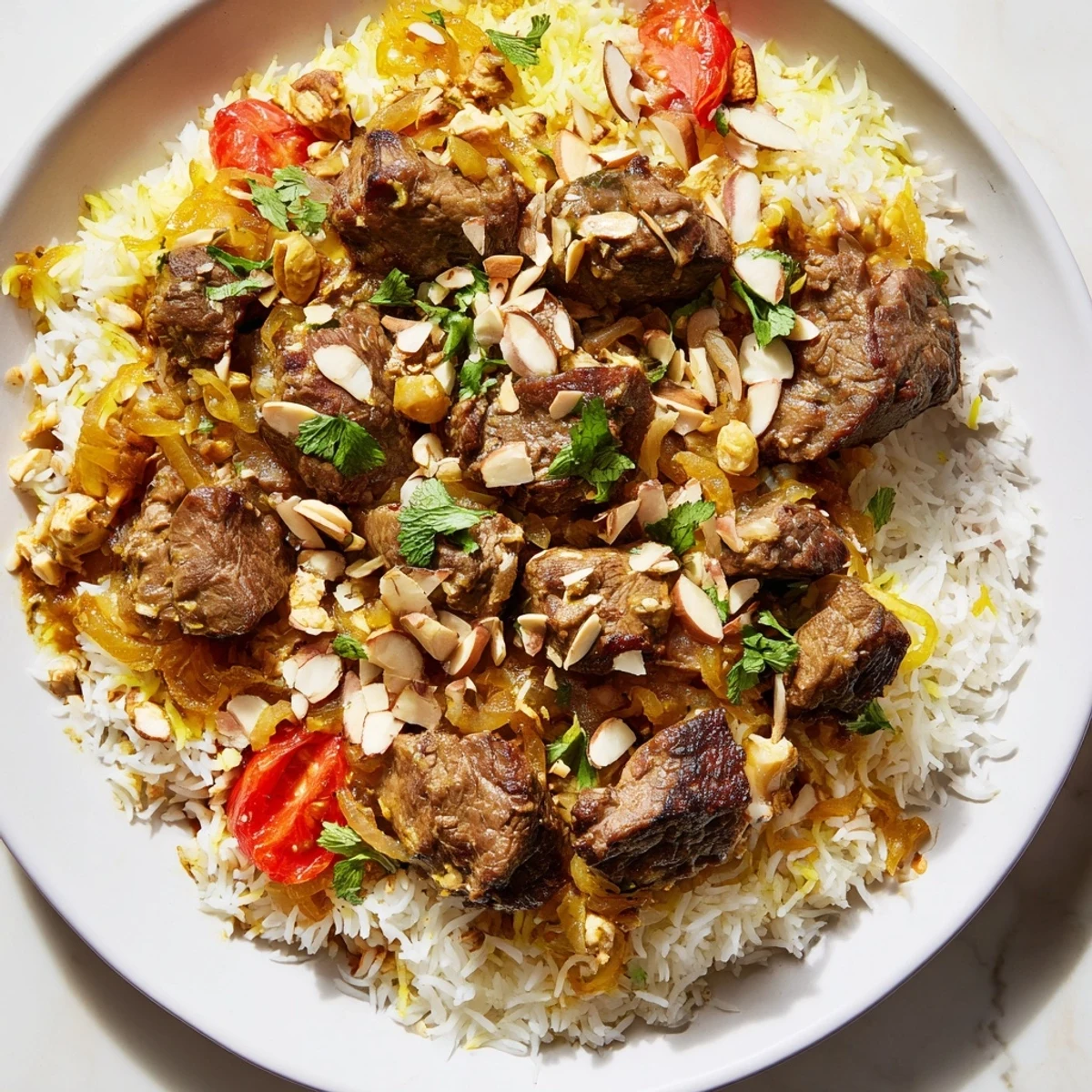 Aromatic Qatari Majboos featuring tender lamb and fluffy rice, garnished with almonds and fresh cilantro.