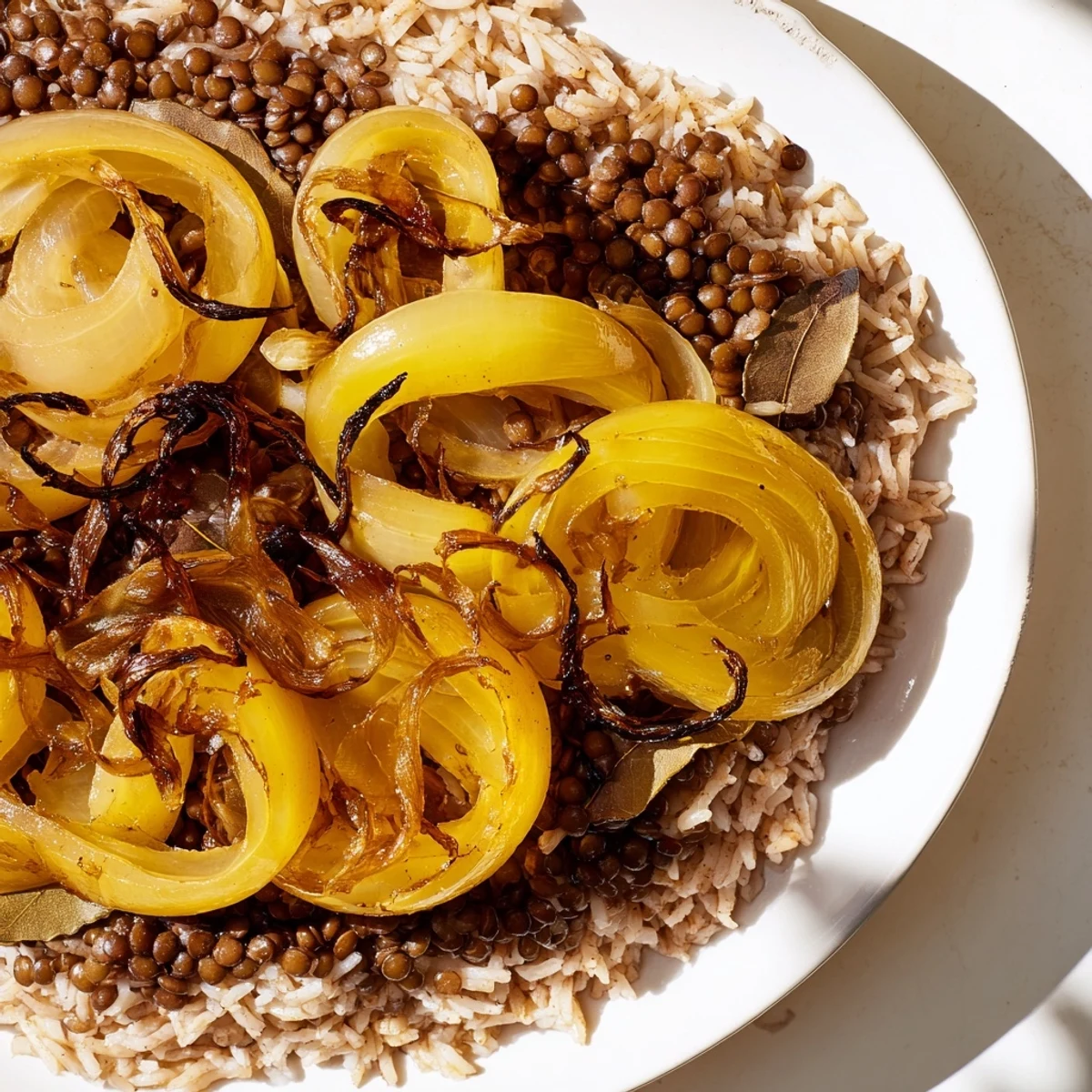 Golden caramelized onions crown a bowl of fragrant Lebanese Mjadra, lentils and rice.