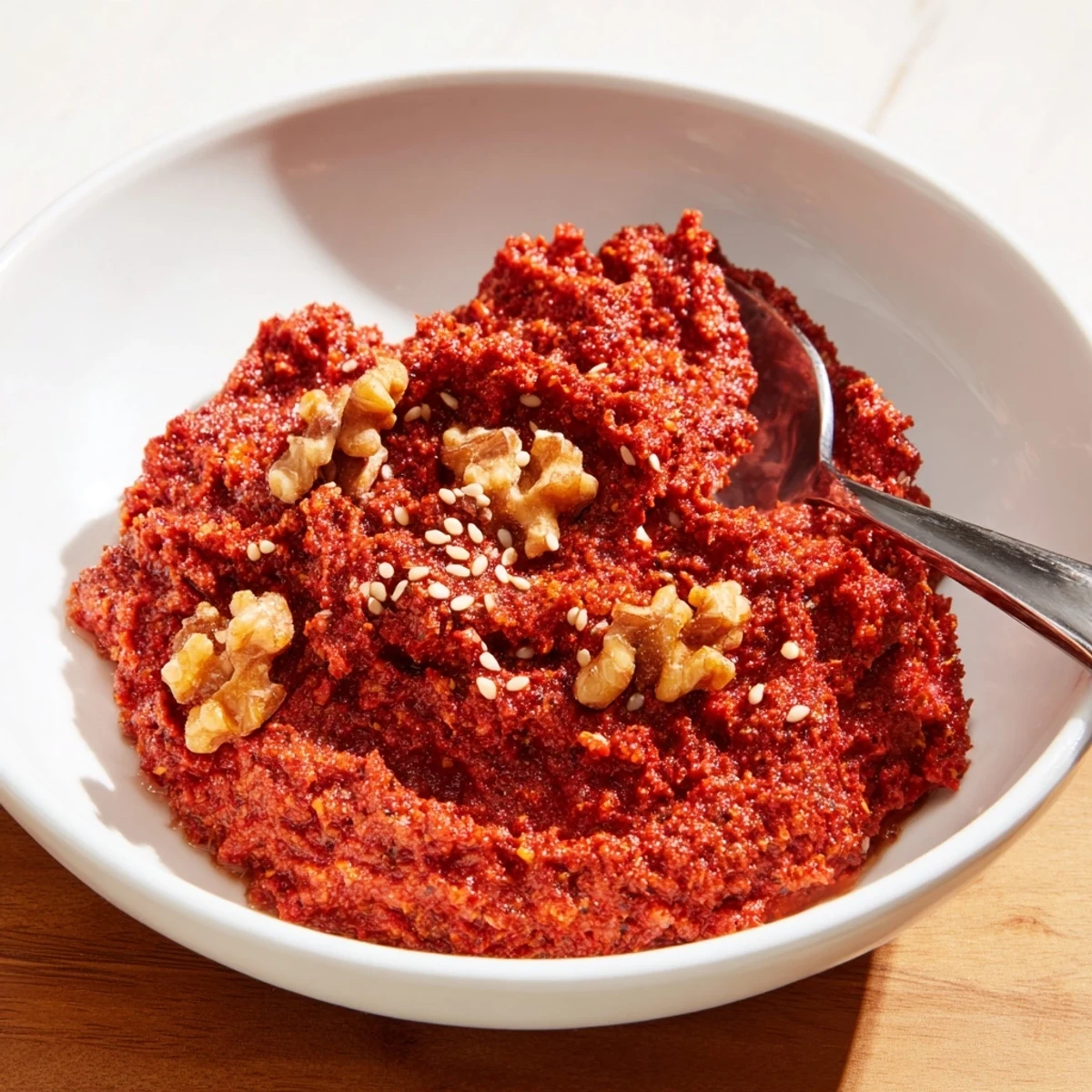 A smooth and smoky Syrian Muhammara dip, ready to be scooped with fresh pita bread.