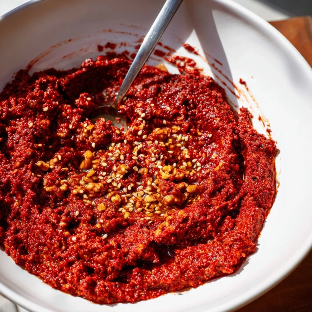 Vibrant red roasted peppers, walnuts, and spices create this delicious Syrian Muhammara appetizer.