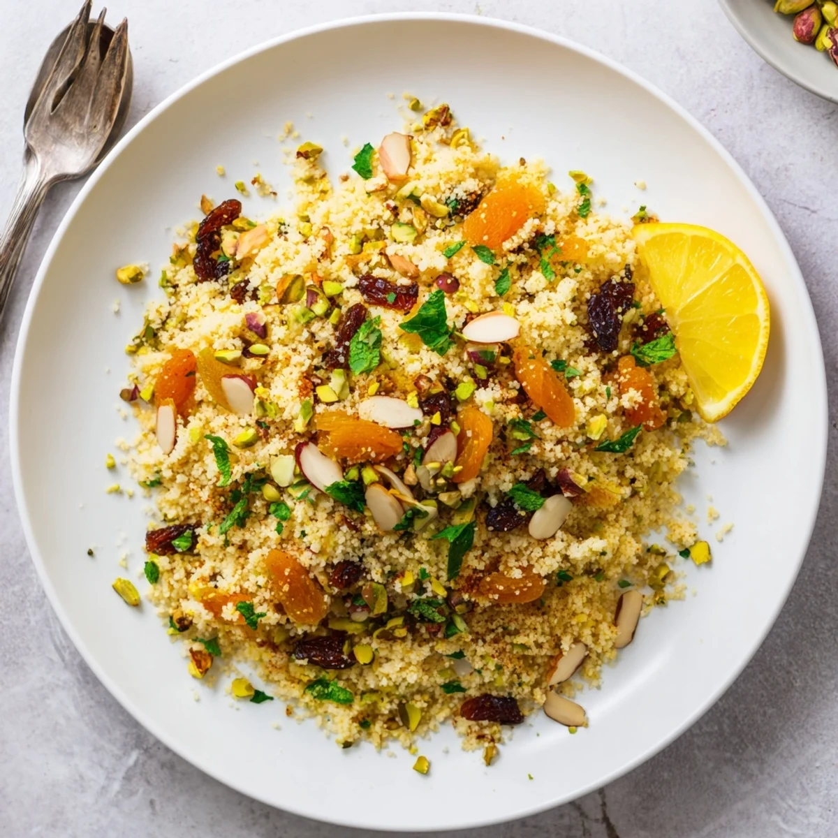 Fragrant Middle Eastern couscous pilaf in a white bowl, rich with warm spices and nuts.