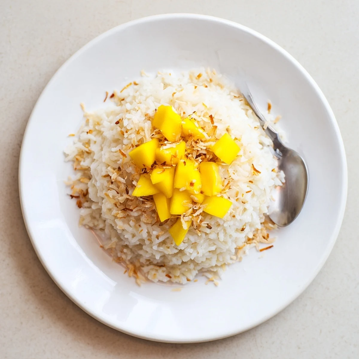 Creamy coconut rice sweet simmered to fluffy perfection, served warm with toasted flakes and fresh mango.  