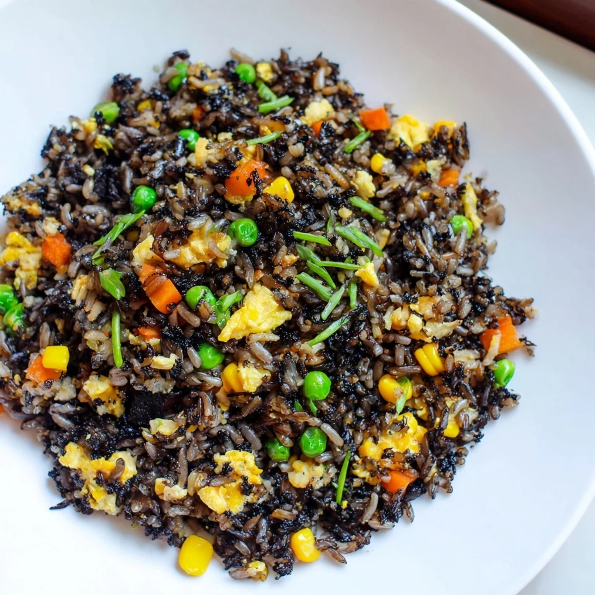 Steaming black garlic fried rice with peas, carrots, and fluffy jasmine rice in a hot wok.  