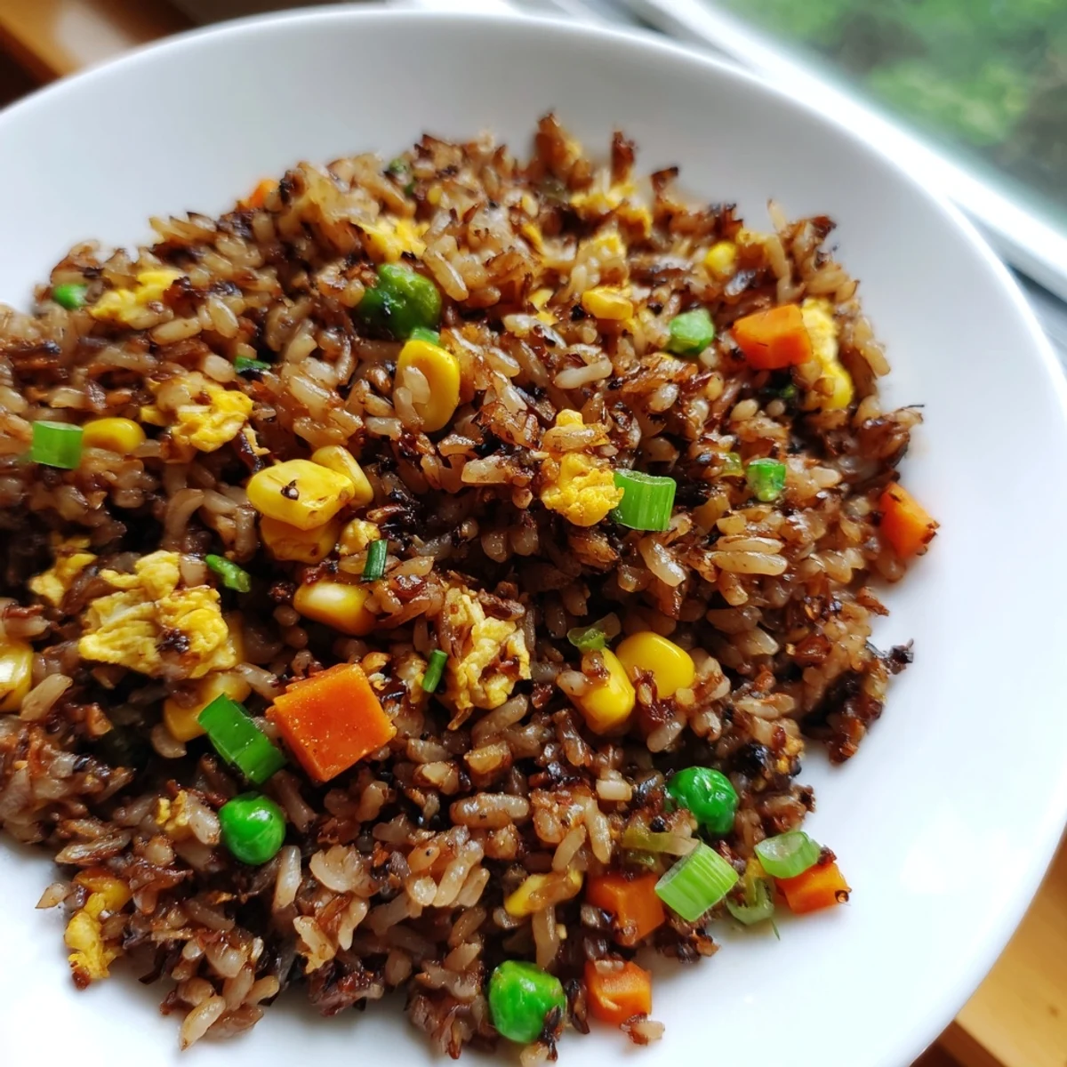 Sizzling skillet of aromatic black garlic fried rice, sesame oil, and tender mixed vegetables.