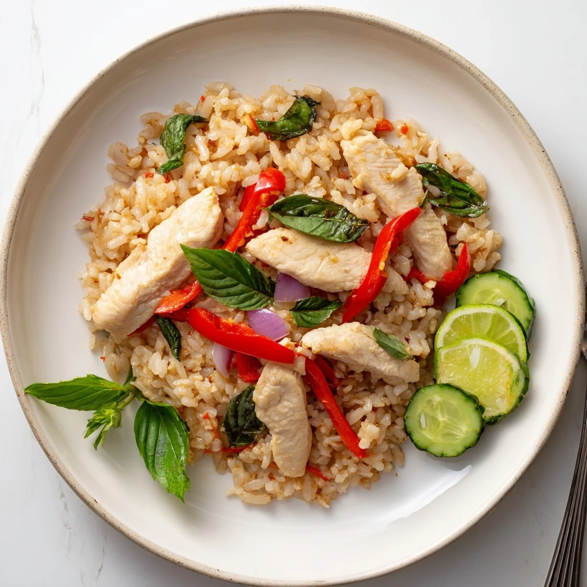 Golden Thai basil chicken fried rice, flecked with red chilies and served with fresh lime wedges and sliced cucumber.