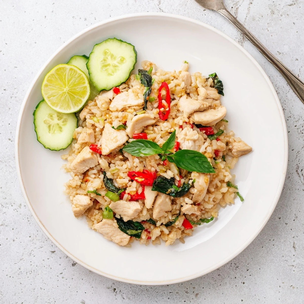 A close-up of fragrant Thai basil chicken fried rice, featuring tender chicken pieces, bell peppers, and a wok-seared texture.