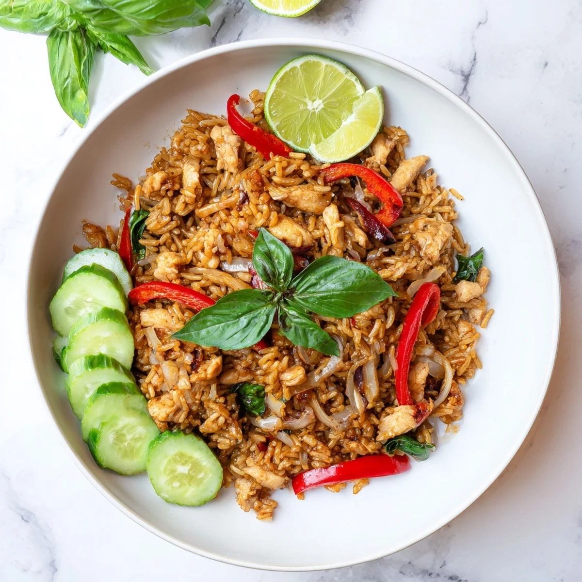 Spicy Thai basil chicken fried rice in a skillet, garnished with holy basil leaves and fresh lime for a bright finish.