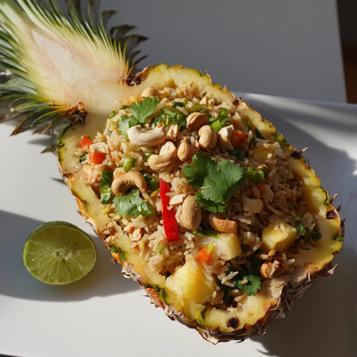 Sweet pineapple fried rice filled with bright vegetables and cashews, served inside a hollowed pineapple half on a rustic table.  
