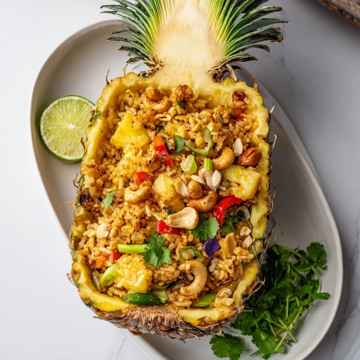 Savory pineapple fried rice with tender carrots, peas, and scallions, scooped from a carved pineapple shell.