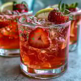 Refreshing non-alcoholic strawberry lemonade drink with ice cubes and bubbly sparkling water, perfect for summer parties and picnics.