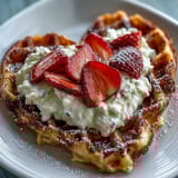 Golden, crisp waffles paired with a smooth cottage cheese whip and sweet strawberries—perfect for a special brunch or Valentine's Day.