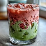 Vibrant strawberry matcha iced latte with creamy oat milk, layered for a refreshing and colorful vegan drink.