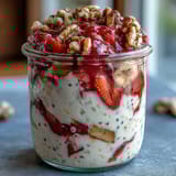 Wholesome overnight oats layered with mashed banana, juicy strawberries, and walnuts, inspired by classic banana bread flavors.  