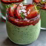 Vibrant strawberry matcha overnight chia oats layered with creamy matcha-infused oats and fresh strawberry compote in a glass jar.