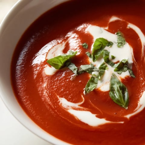 Creamy Tomato Basil Soup steaming in a bowl, garnished with fresh basil leaves.  