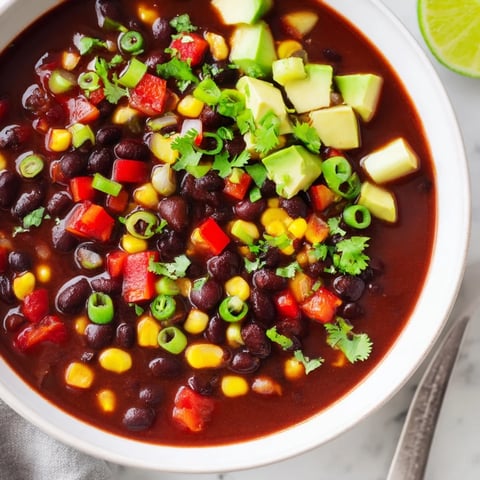 Hearty Spicy Black Bean Chili simmering in a pot, ready to warm you up.  