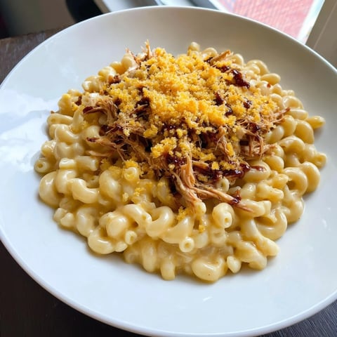 Golden-brown Classic Mac & Cheese with BBQ Chicken, a bubbly casserole perfect for family dinner tonight.