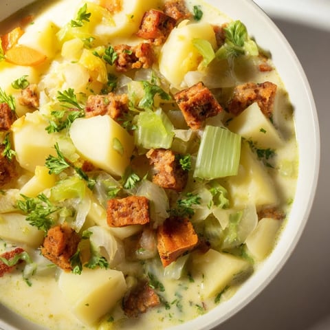 Potato, Leek & Chorizo Soup bowl with a swirl of cream, topped with fresh parsley and chorizo.