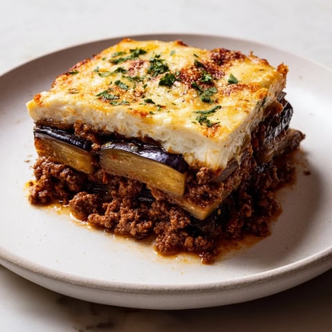Golden, bubbly Moussaka with layers of eggplant and savory beef, baked to a delicious finish.