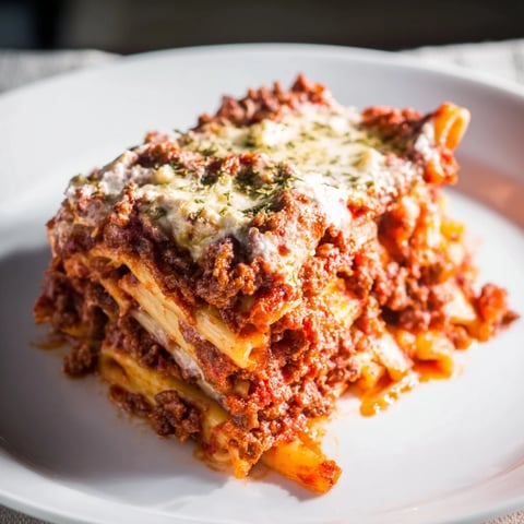 Golden, bubbling Baked Ziti with rich meat sauce and layers of melted mozzarella cheese.