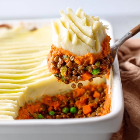 Golden-topped Veggie Shepherds Pie: a comforting dish with creamy sweet potato and lentils.